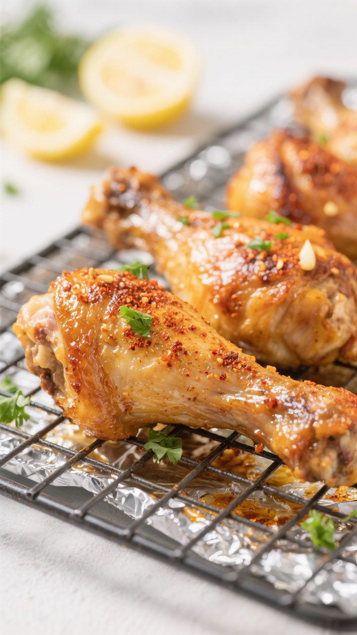 Close-up detail: Golden-brown baked chicken drumsticks just out of the oven on a wire rack over a fo