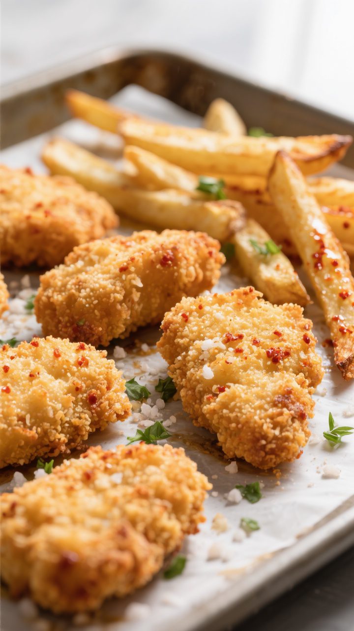 Close-up detail: Golden-brown sheet pan chicken nuggets just out of the oven, ultra-crispy panko-Par
