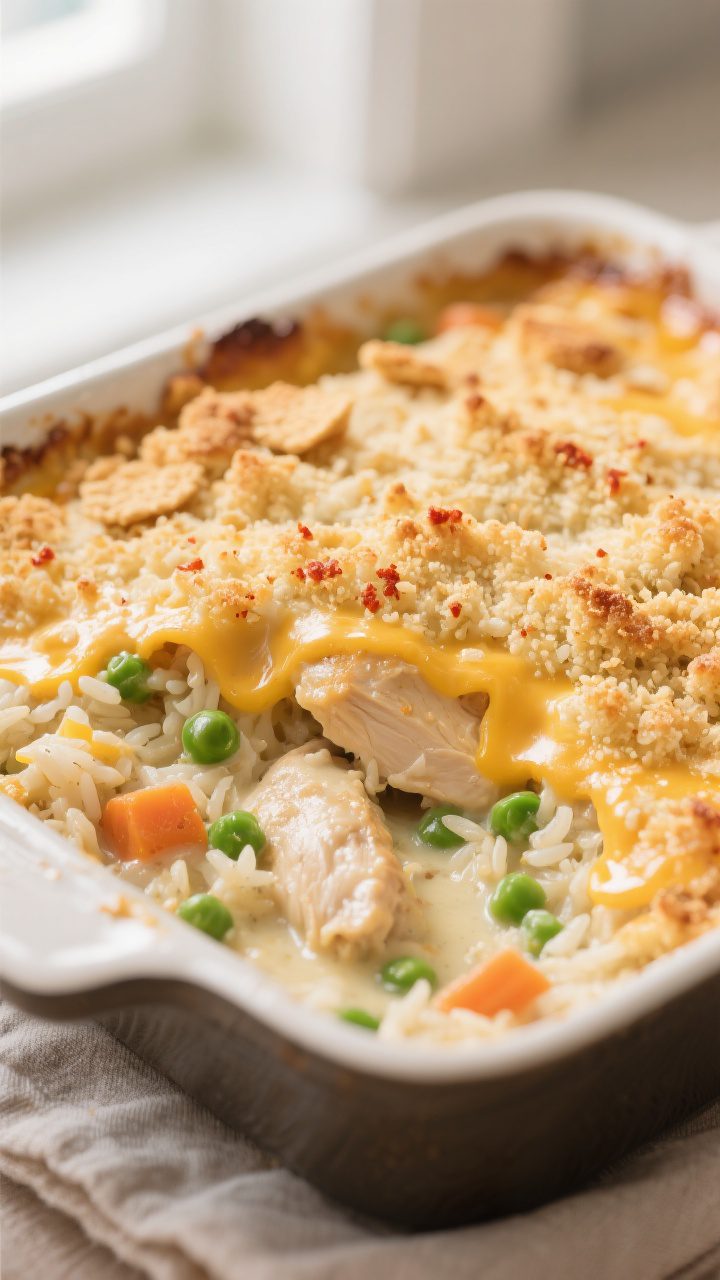 Close-up detail: Golden, bubbly chicken and rice casserole just out of the oven, showing crisp butte