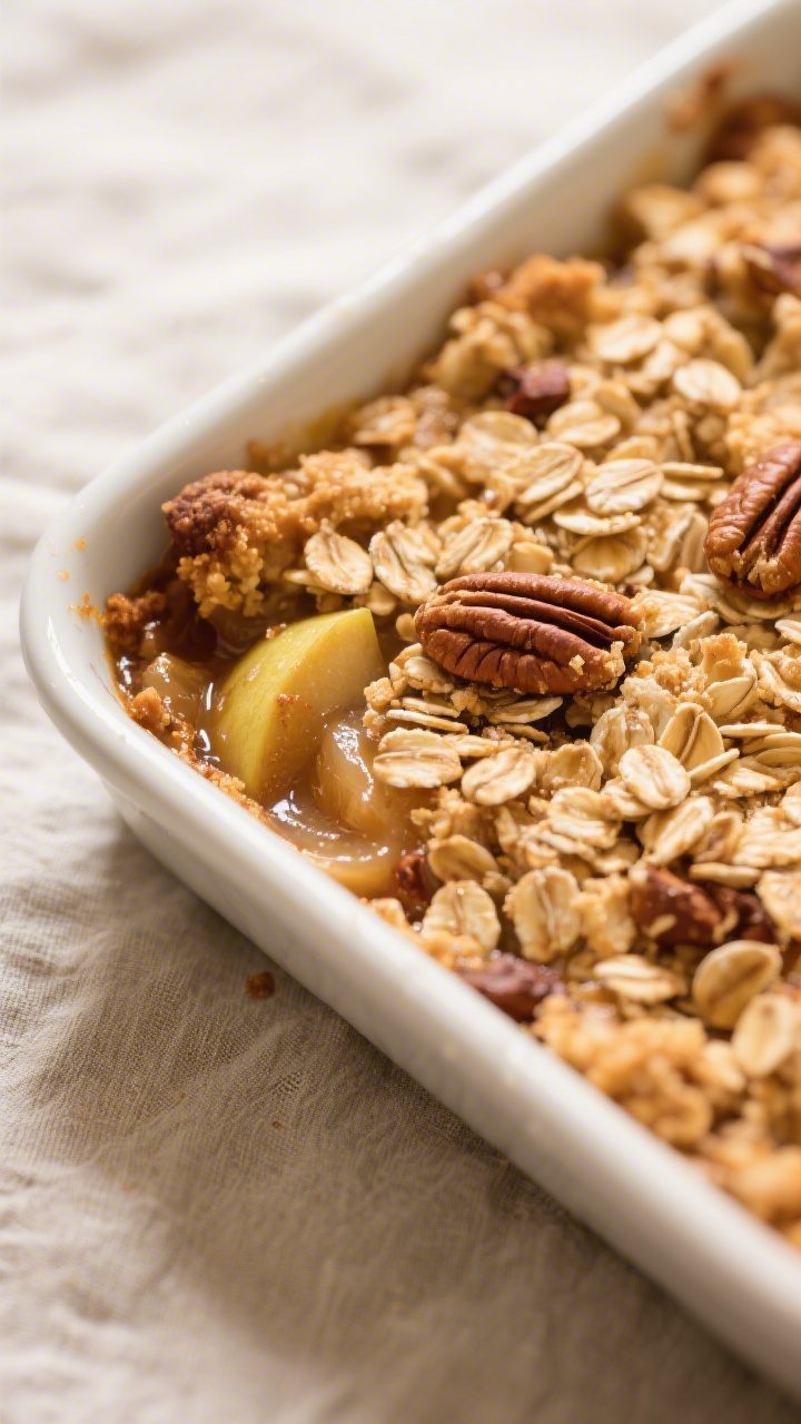 Close-up detail: Golden, crunchy oat topping on a just-baked apple crisp, showing caramelized brown