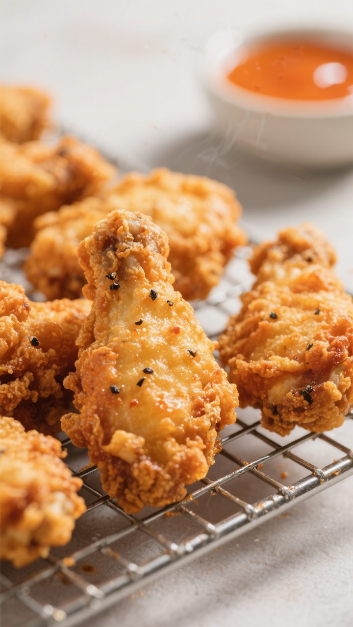 Close-up detail: Golden, freshly fried orange chicken pieces draining on a wire rack, ultra-crisp cr