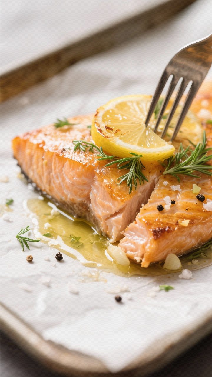 Close-up detail: Golden, just-baked salmon fillet flaking with a fork, glistening with olive oil and