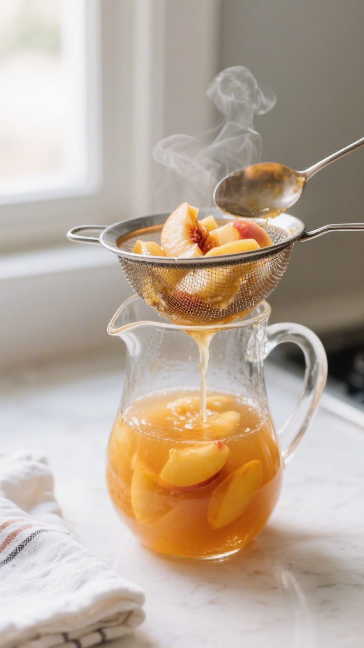 Close-up detail: Golden peach syrup being strained after simmering, warm amber liquid streaming thro