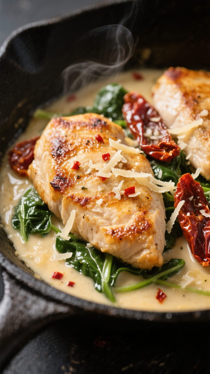 Close-up detail: Golden-seared chicken cutlets nestled in a silky garlic-Parmesan cream sauce, ribbo