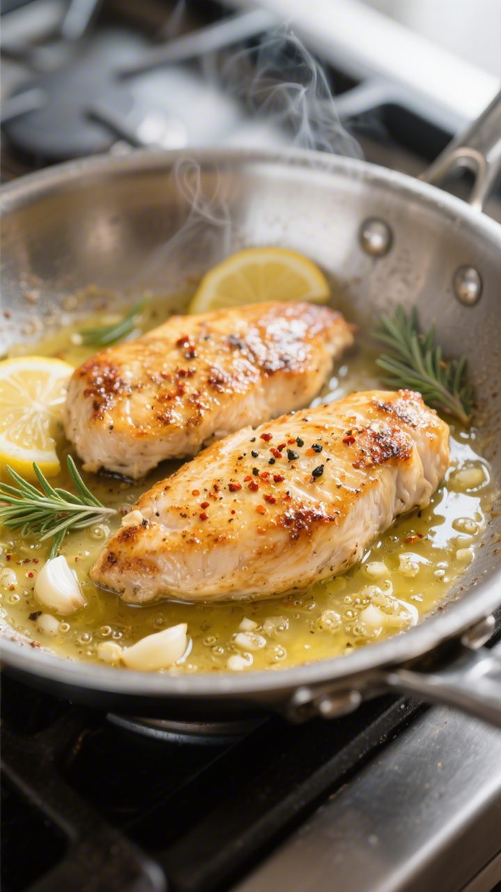 Close-up detail: Golden-seared chicken cutlets sizzling in a stainless steel skillet, bathed in a gl
