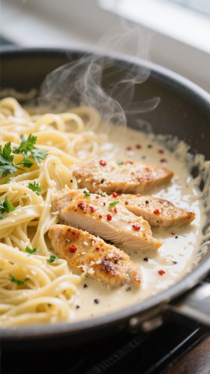 Close-up detail: Golden seared chicken strips nestled in a silky garlic-Parmesan cream sauce in a st