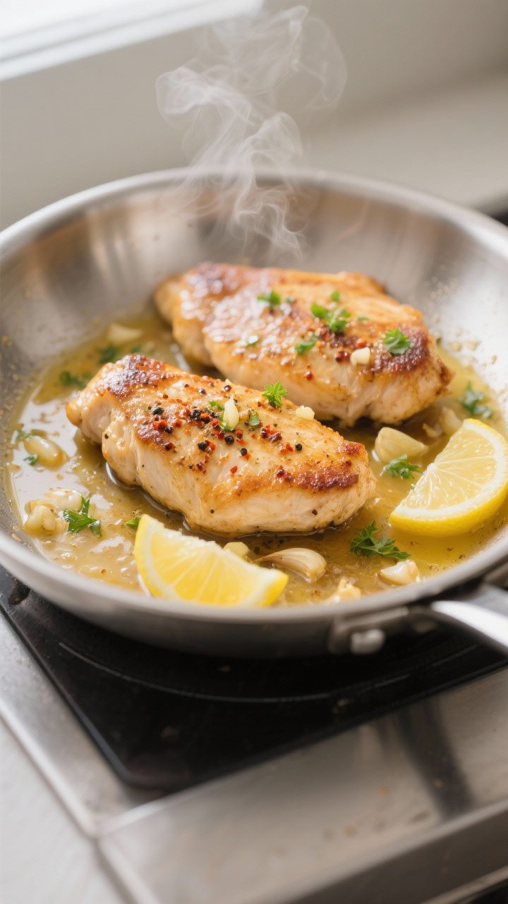 Close-up detail: Golden-seared lemon garlic chicken cutlets in a skillet, glistening with a reducing