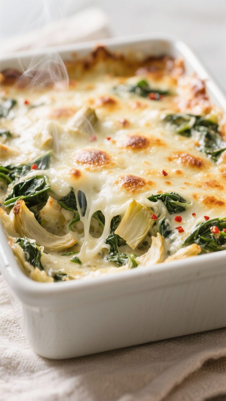 Close-up detail: Hot, bubbly spinach artichoke dip just out of the oven in a small 8x8 baking dish,