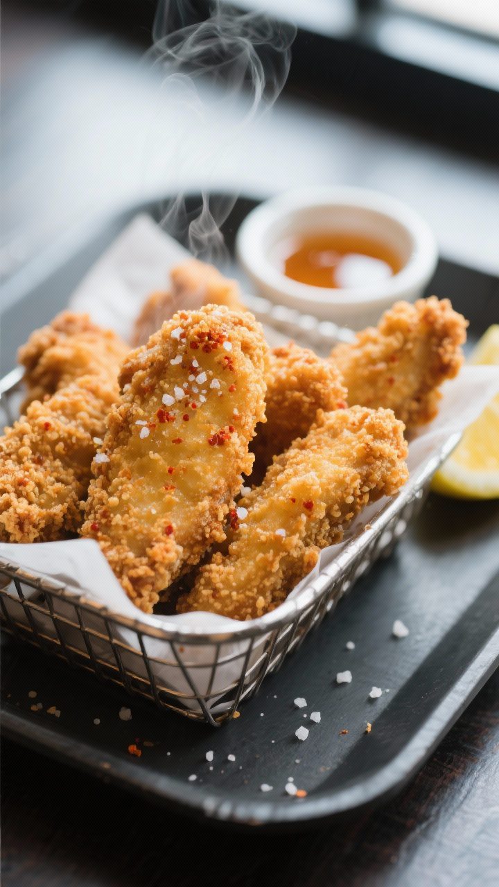 Close-up detail of freshly air-fried chicken tenders just out of the basket, golden brown with a rug