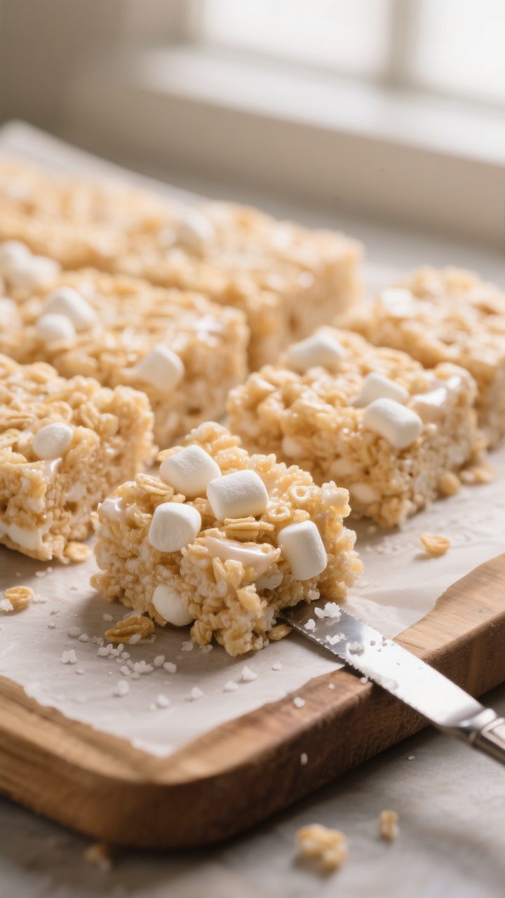 Close-up detail of freshly cut Rice Krispie treat squares on a parchment-lined board, showing glossy