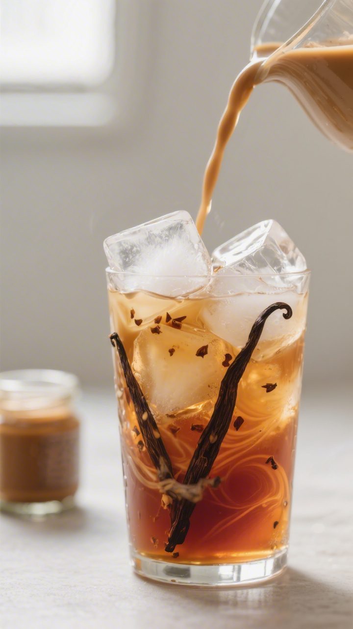 Close-up detail of iced vanilla chai latte concentrate being poured over large crystal-clear ice cub