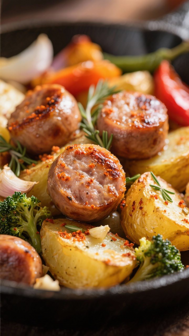 Close-up detail of sizzling sausage rounds nestled among golden potatoes: focus on crispy edges of t