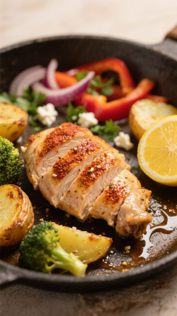 Close-up detail of sliced chicken thigh resting on the pan with juices glistening, showing juicy int