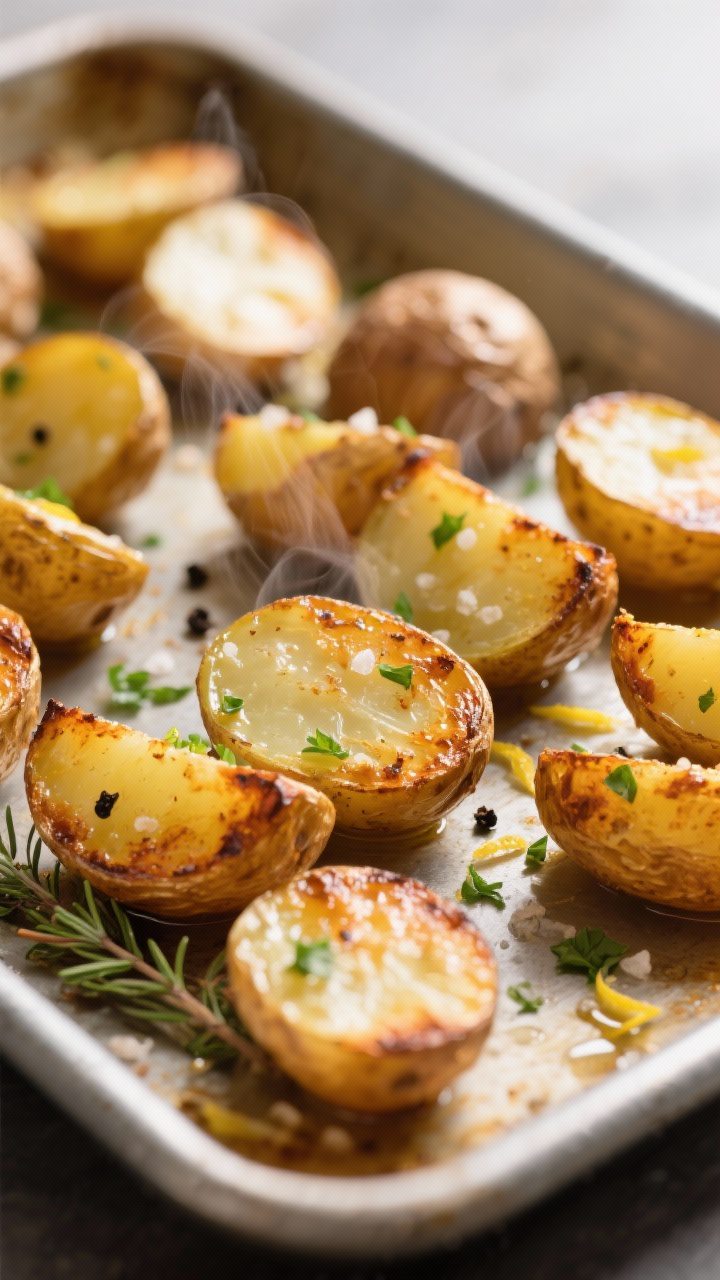 Close-up detail: Roasted baby potatoes fresh from the oven, cut sides deeply golden and blistered, e