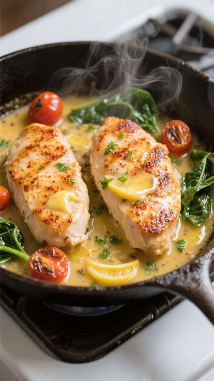 Close-up detail: Seared chicken cutlets nestled in a shimmering garlic-butter pan sauce, golden crus