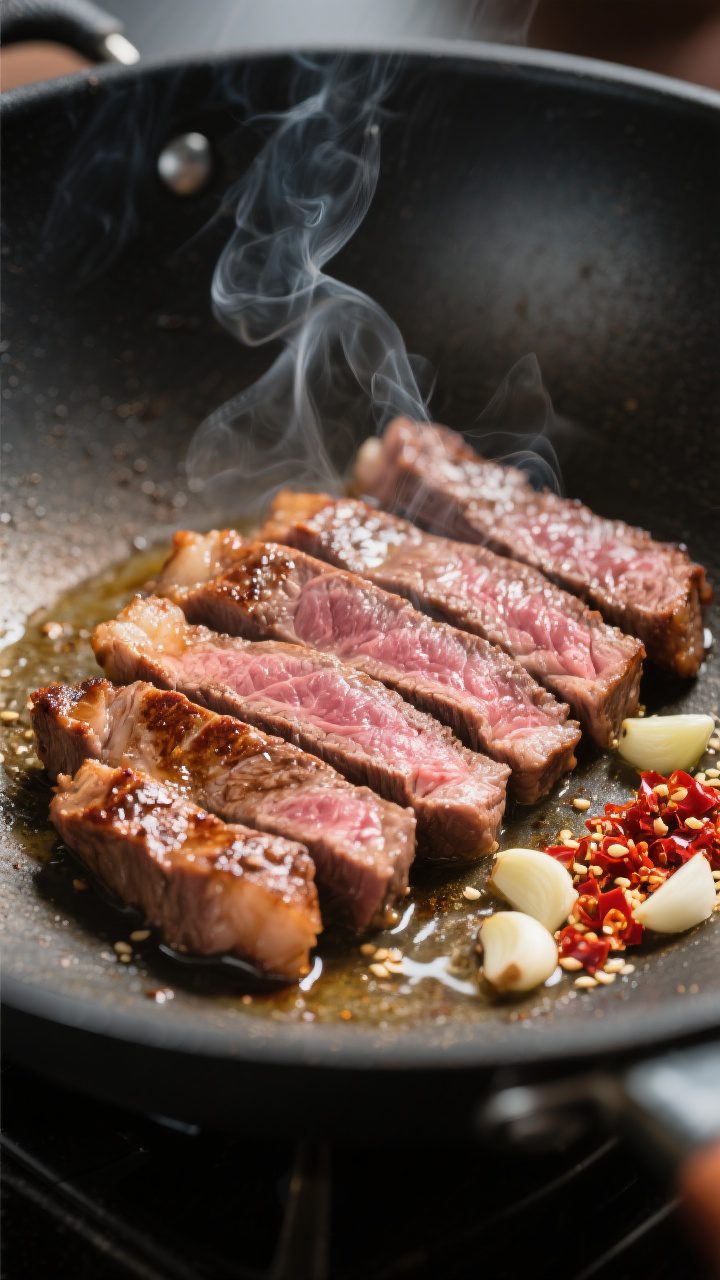 Close-up detail: Searing thin-sliced flank steak in a wok, browned edges with a glossy sheen and a b