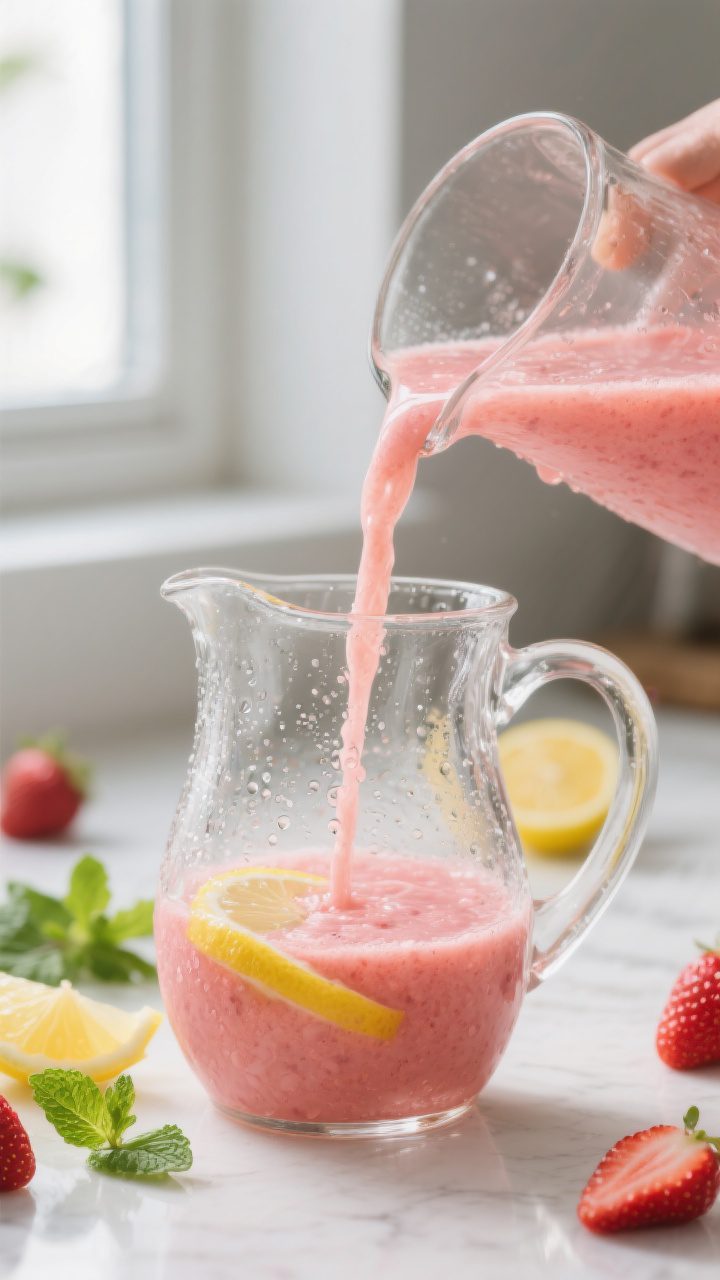 Close-up detail shot: A clear glass pitcher being filled with freshly blended strawberry-lemon base