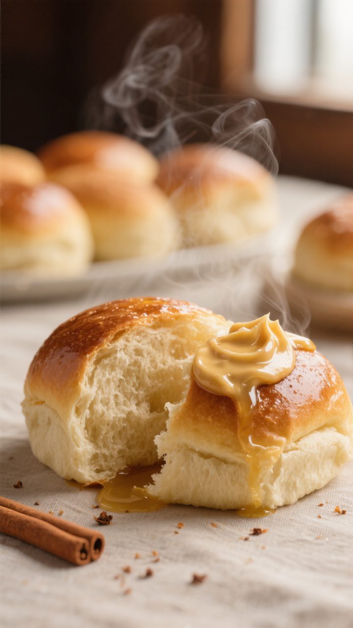 Close-up detail shot: A freshly baked Texas Roadhouse-style roll torn open to reveal its soft, fluff
