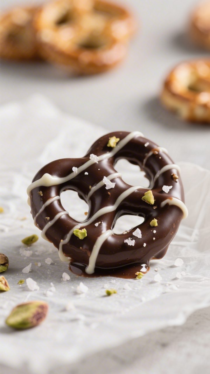 Close-up detail shot: A glossy dark chocolate–dipped mini pretzel twist resting on parchment, stil