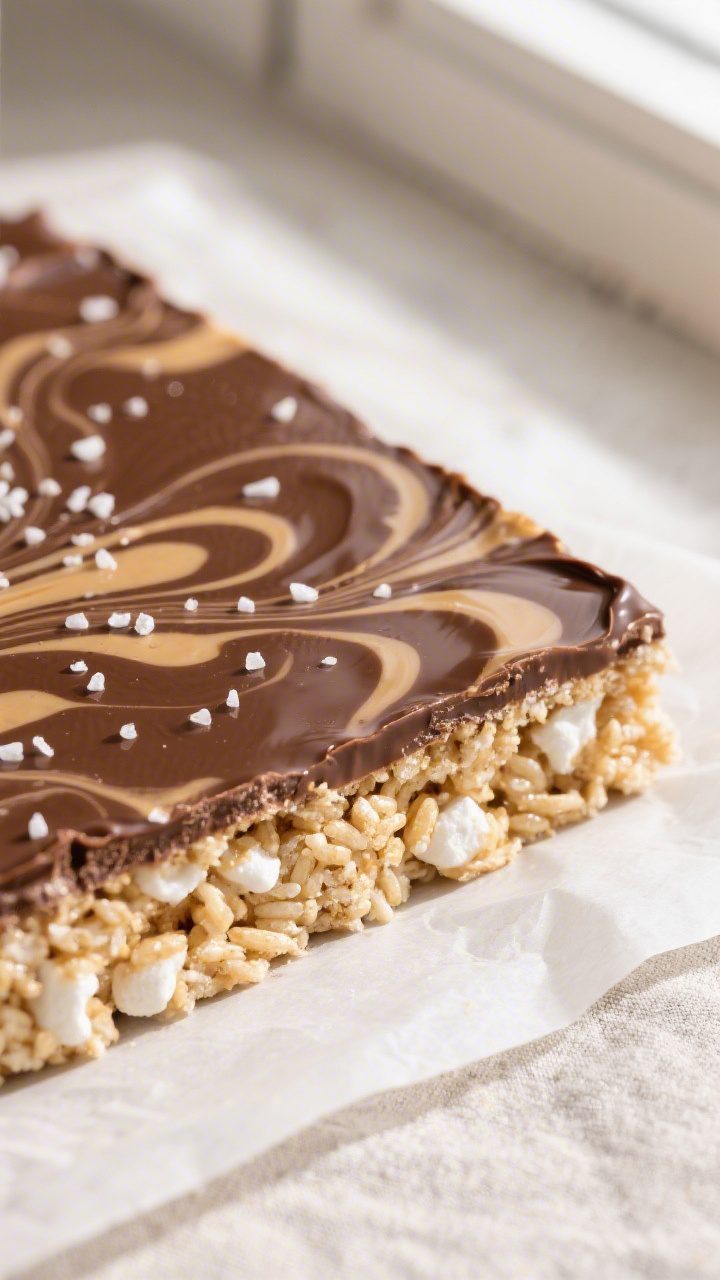 Close-up detail shot: A glossy layer of melted semi-sweet chocolate swirled with a light peanut butt