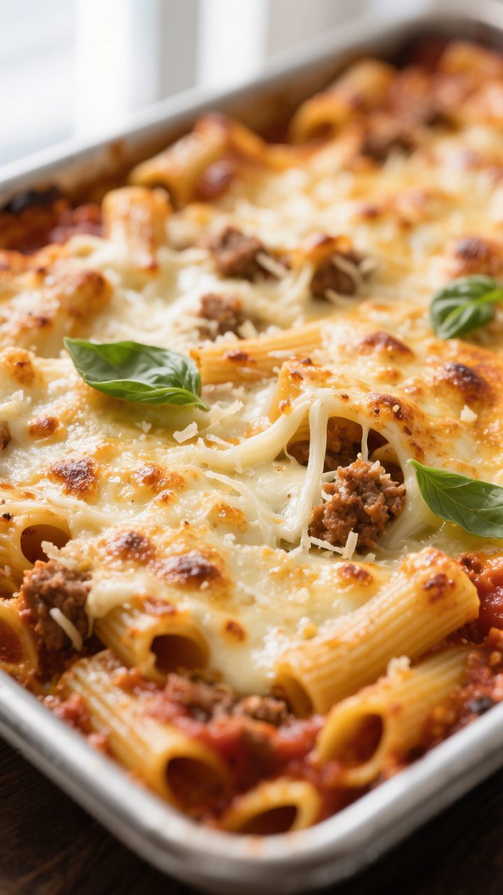 Close-up detail shot: A golden, bubbly crust of baked ziti just out of the oven, with mozzarella str