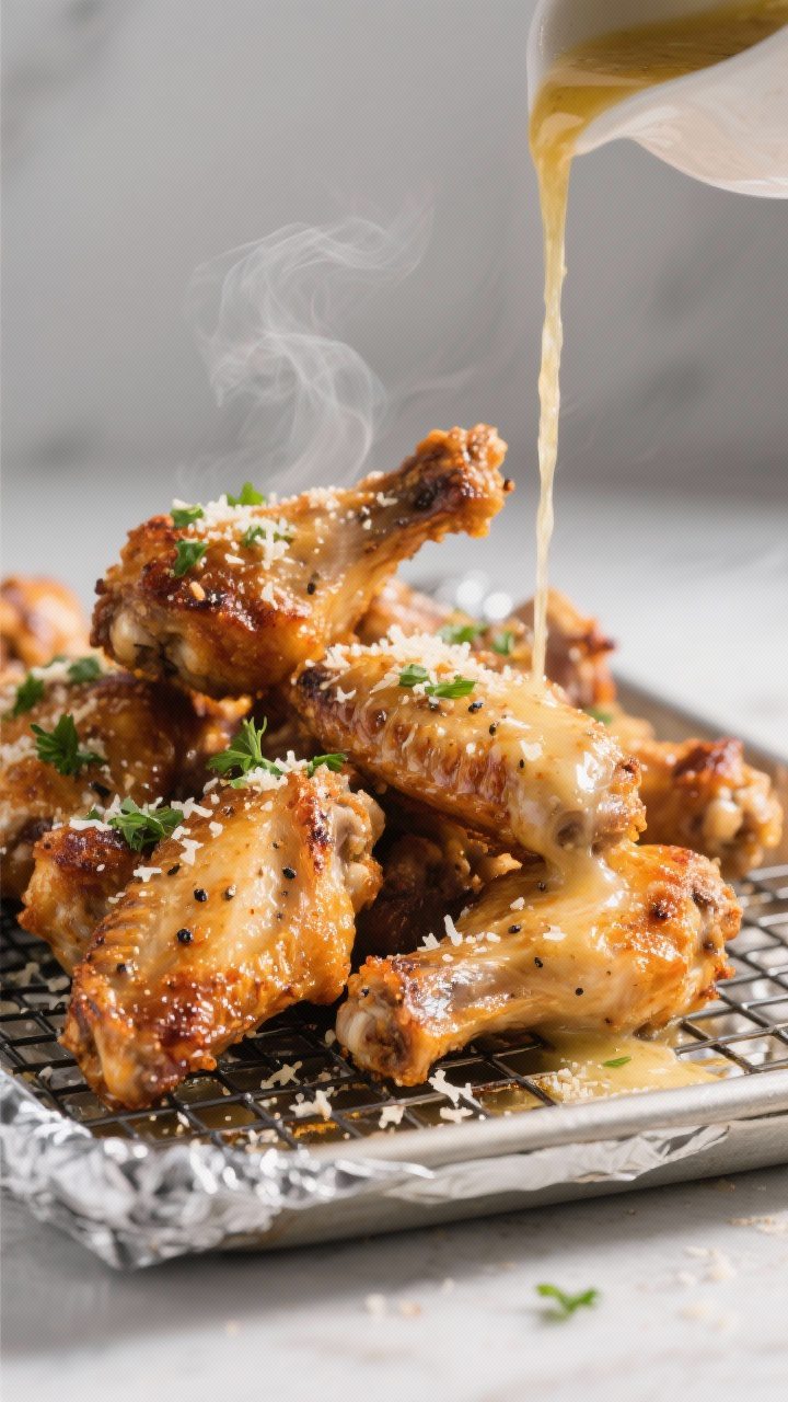Close-up detail shot: A mound of oven-baked Garlic Parmesan chicken wings just out of the oven on a