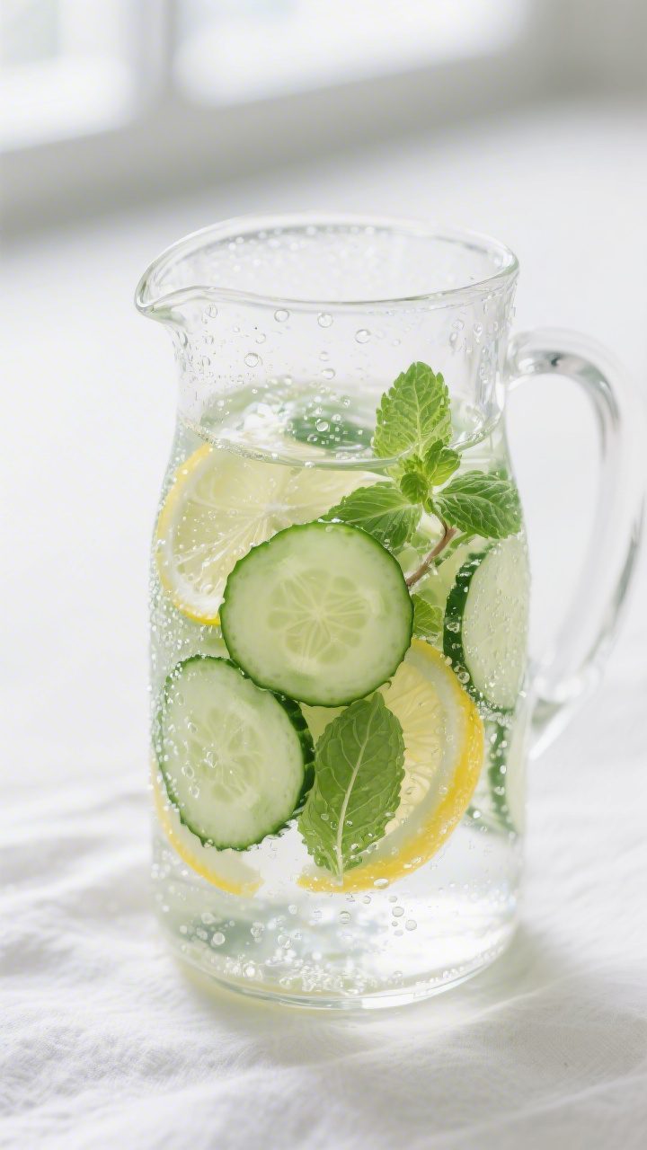 Close-up detail shot: chilled cucumber mint infused water in a clear glass pitcher after 2–4 hours