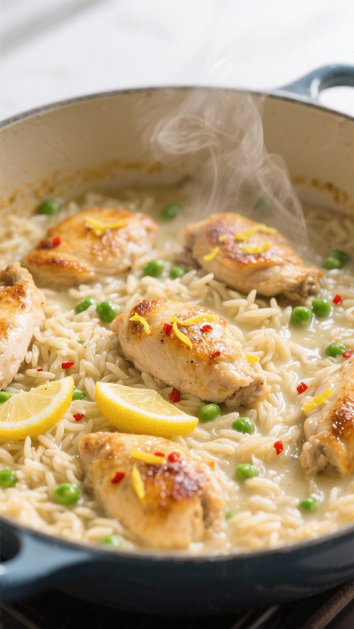 Close-up detail shot: Creamy lemon chicken orzo mid-simmer in a wide Dutch oven, showing plump orzo