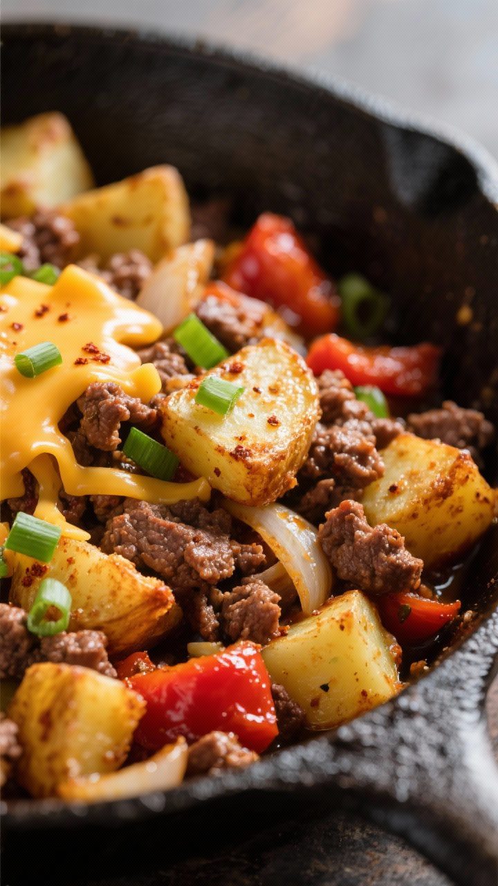 Close-up detail shot: Crispy-edged diced potatoes mingled with well-browned ground beef in a cast-ir