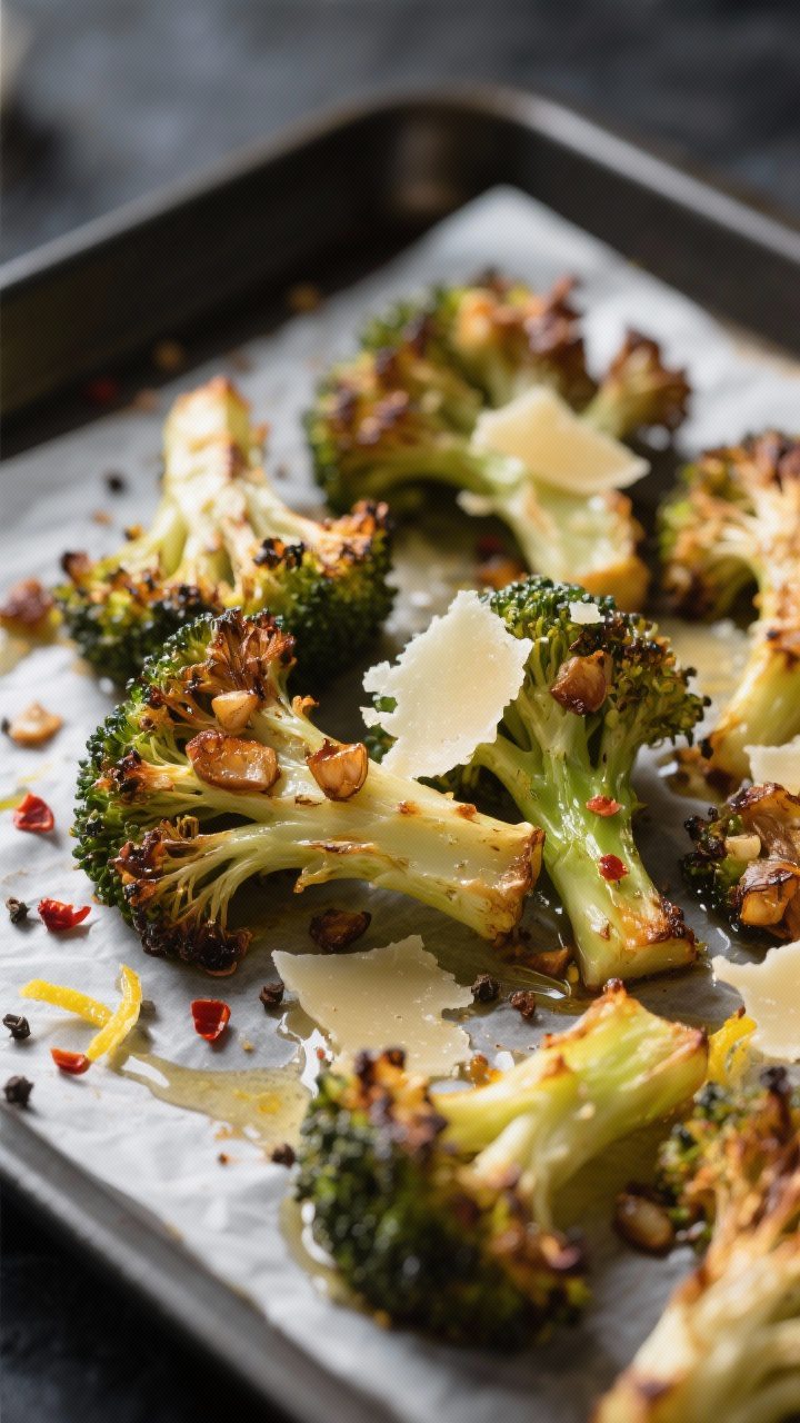 Close-up detail shot: Crispy roasted broccoli florets just out of the oven, edges deeply caramelized