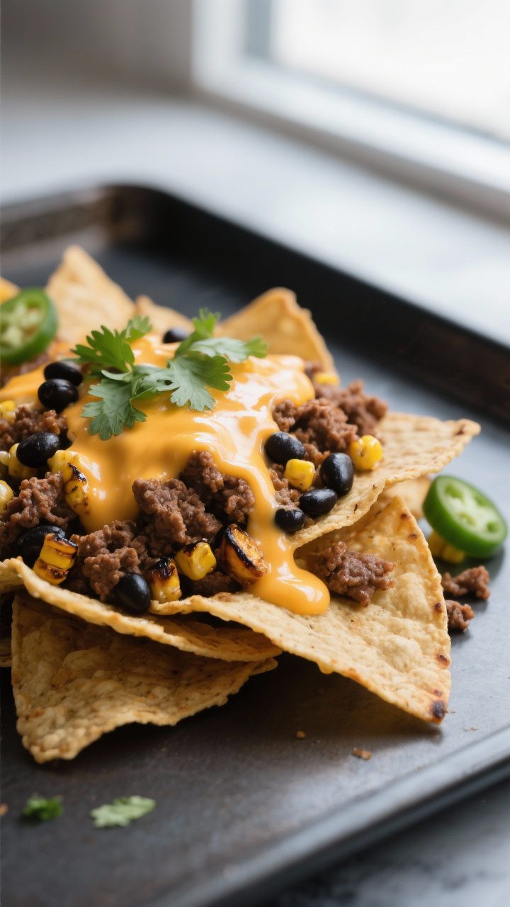 Close-up detail shot: Crispy tortilla chips loaded with browned, well-seasoned ground beef and bubbl