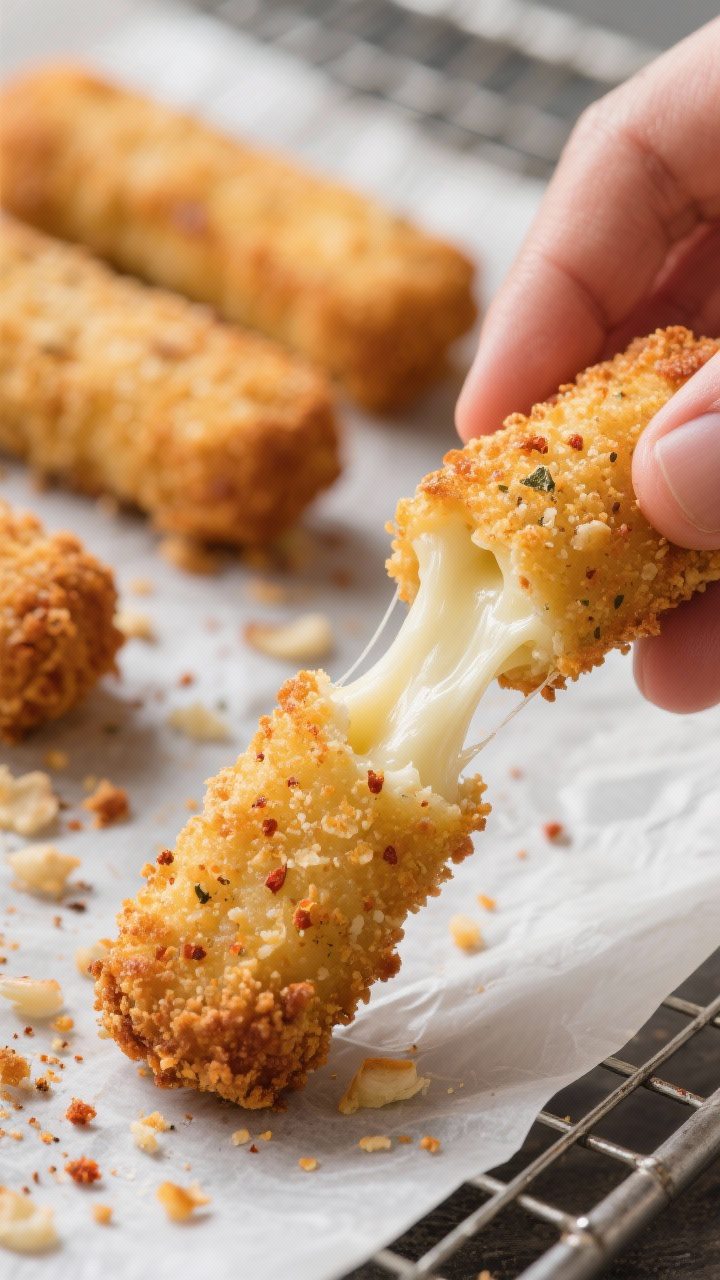 Close-up detail shot: Extra-crispy baked mozzarella sticks just out of the oven at 425°F, one stick