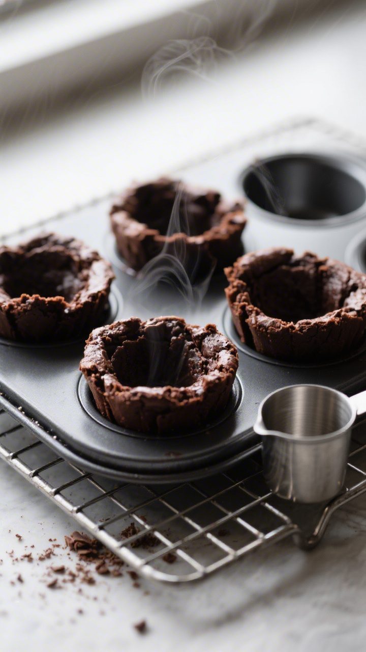 Close-up detail shot: freshly baked brownie cups just out of the muffin pan with centers pressed int