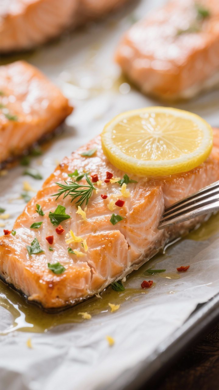 Close-up detail shot: freshly baked salmon fillet just out of the oven on a parchment-lined sheet, e