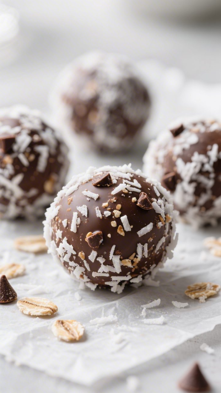 Close-up detail shot: freshly rolled no-bake chocolate coconut balls, 1-inch bite-size, coated in a