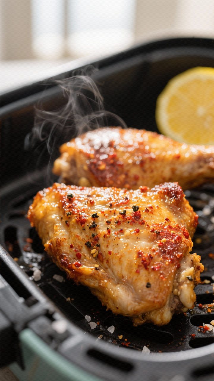 Close-up detail shot: Golden, air-fried chicken thigh skin crackling with rendered fat, deep golden-