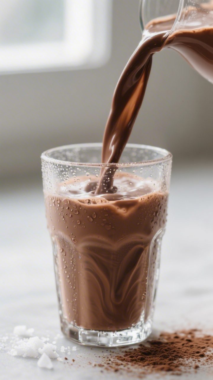 Close-up detail shot of a freshly blended classic chocolate milkshake being poured in a thick ribbon