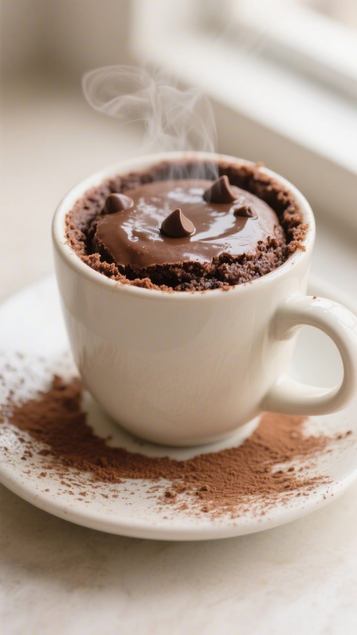 Close-up detail shot of a freshly microwaved chocolate mug cake inside a wide 14-oz ceramic mug, top