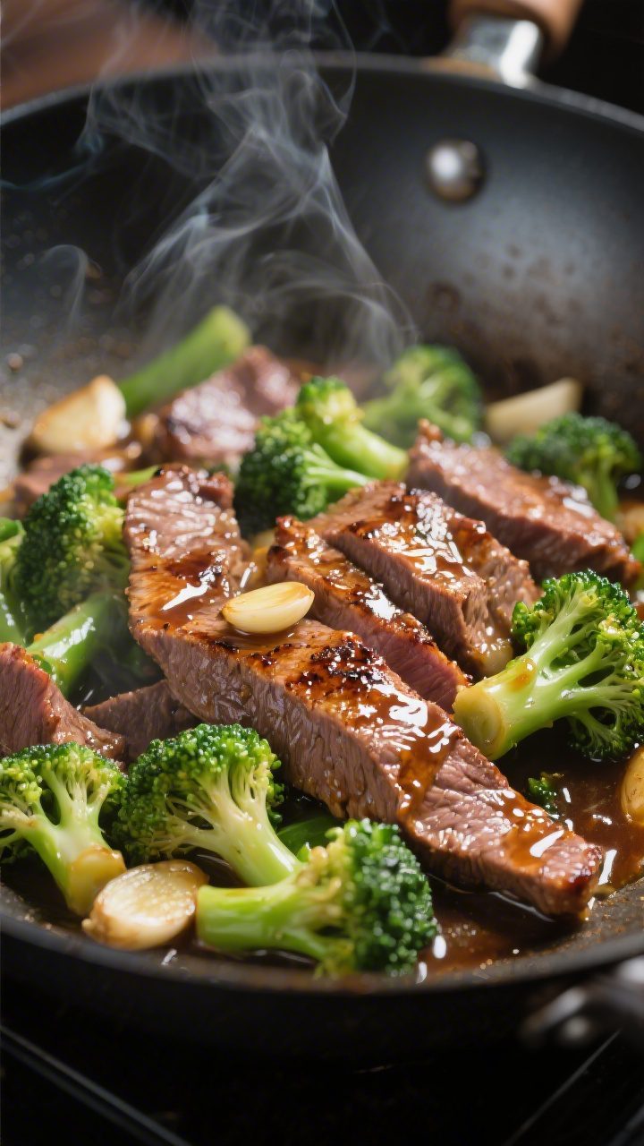 Close-up detail shot of glossy beef and broccoli mid-cook in a sizzling wok: thin slices of seared f