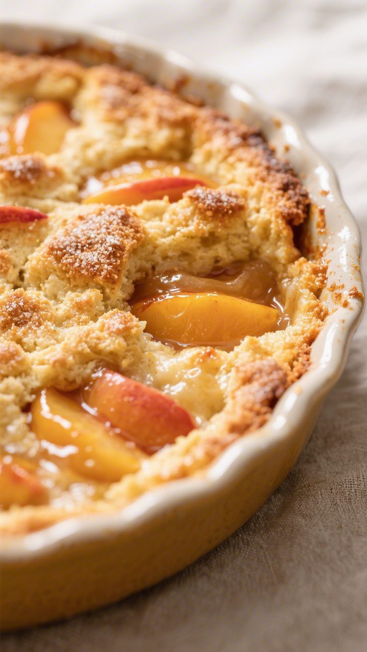 Close-up detail shot of the baked peach cobbler just out of the oven: golden, cake-like topping with