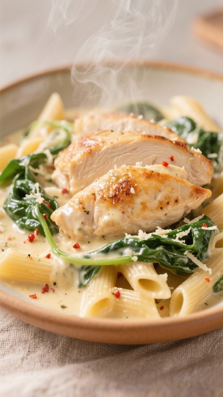 Close-up detail shot: Tender seared chicken pieces nestled in creamy Parmesan sauce with penne, wilt