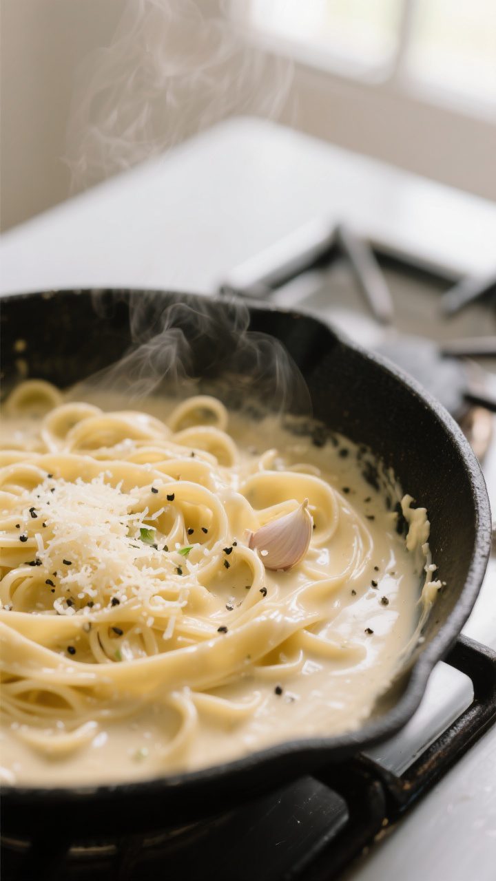 Close-up detail: Silky Alfredo sauce being finished in the skillet, Parmesan melting in small streak