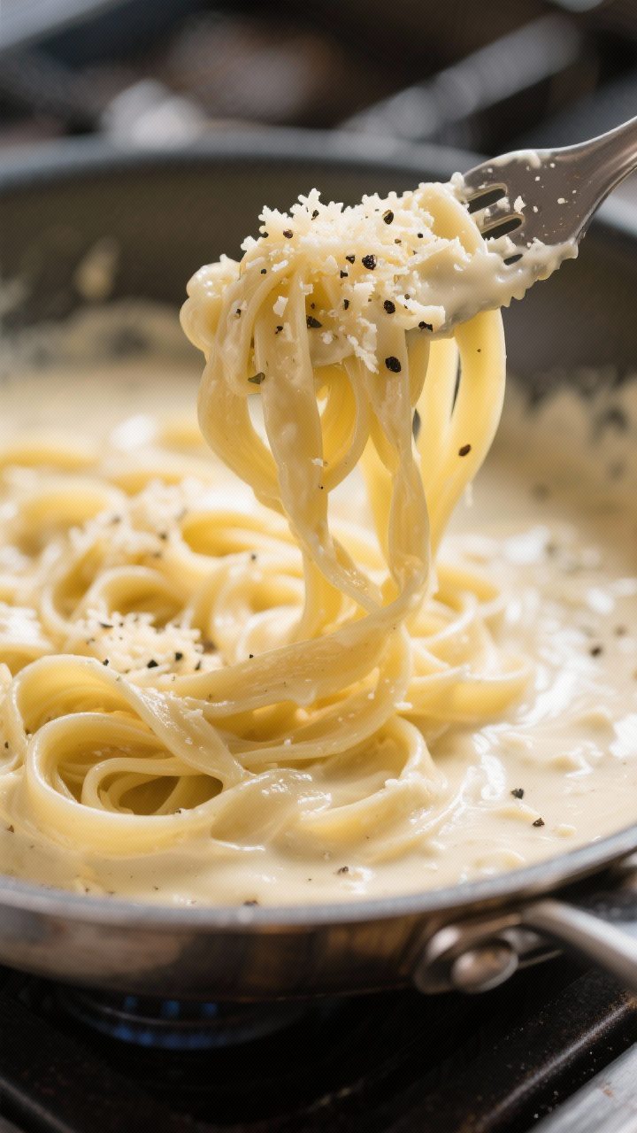 Close-up detail: Silky Alfredo sauce being finished in the skillet, low heat, ribbons of glossy crea