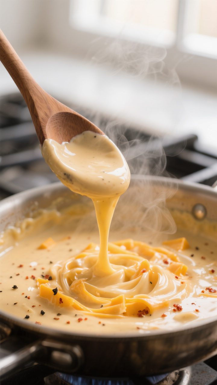 Close-up detail: Silky cheese sauce being whisked off heat in a saucepan, ribbons of melted sharp ch