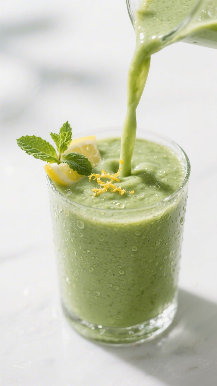 Close-up detail: Silky green detox smoothie being poured into a chilled clear glass, showing creamy