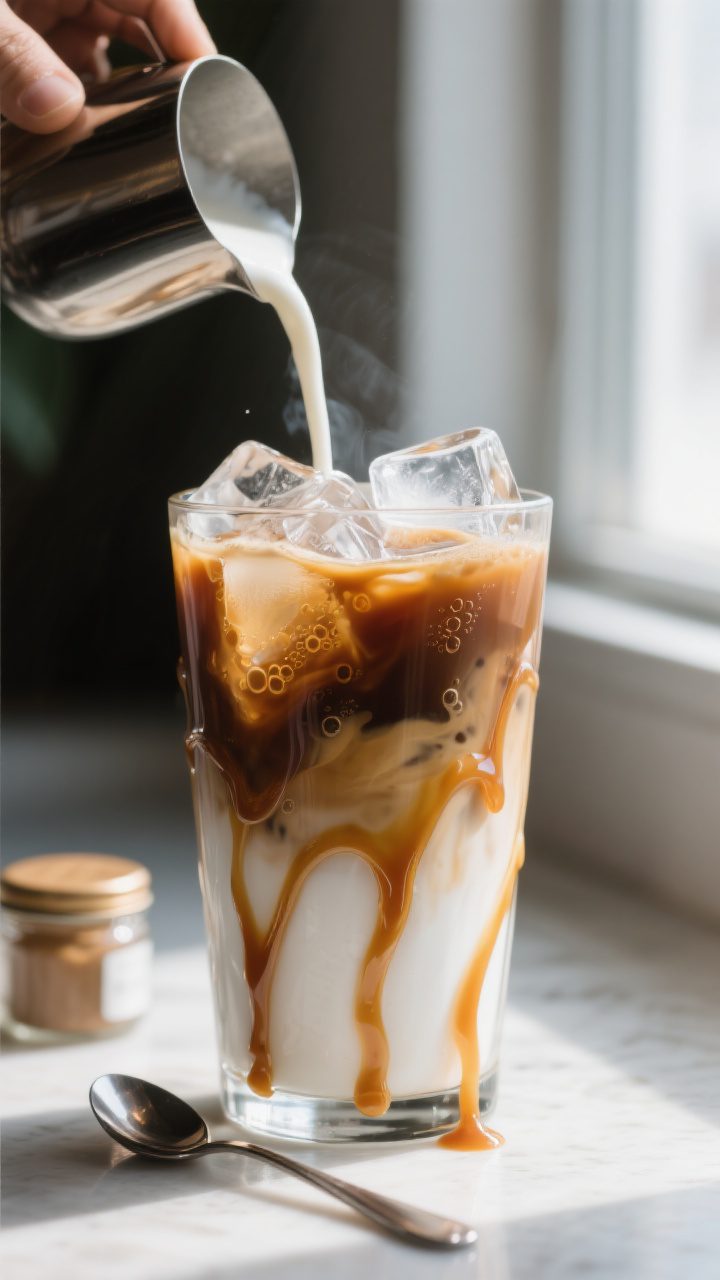 Close-up detail: Silky iced caramel latte being built in a chilled tall glass, interior walls ribbon