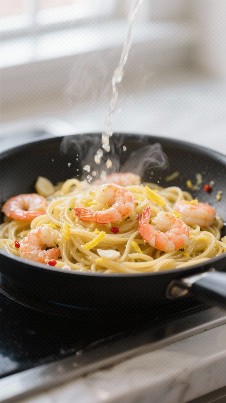 Close-up detail: Silky lemon-butter shrimp tossed with linguine mid-toss in a skillet, shrimp pink a