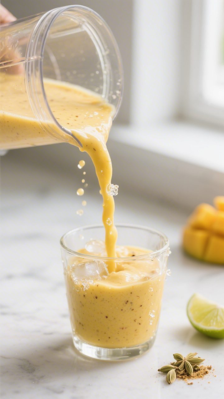 Close-up detail: Silky mango lassi pouring from a blender jar into a chilled clear glass, stream cap