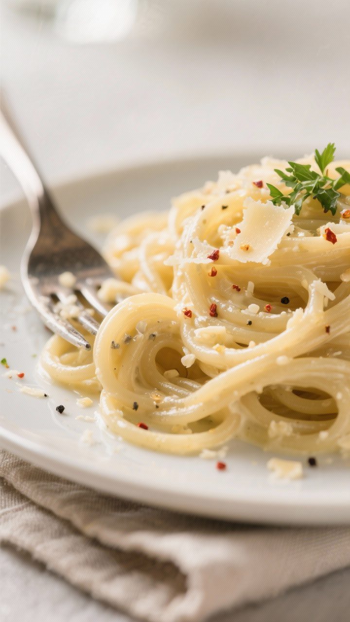 Close-up detail: Silky spaghetti coated in a glossy garlic-butter cream sauce, strands twirled aroun
