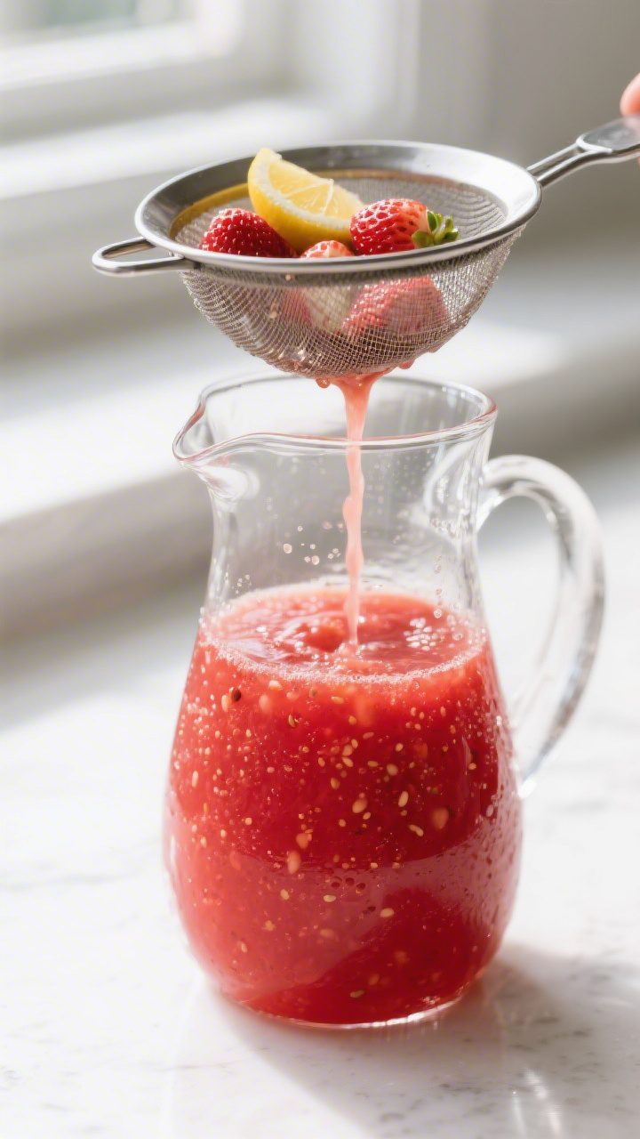 Close-up detail: Silky strawberry-lemon spritzer base being poured through a fine-mesh sieve into a
